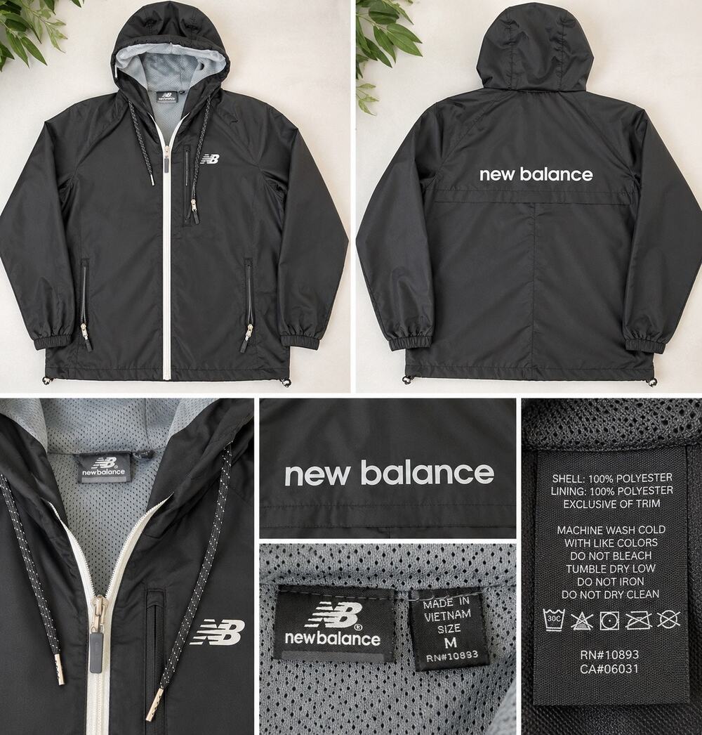 New Balance Men’s M Black Hooded Windbreaker Jacket Full Zip Mesh Lined Logo